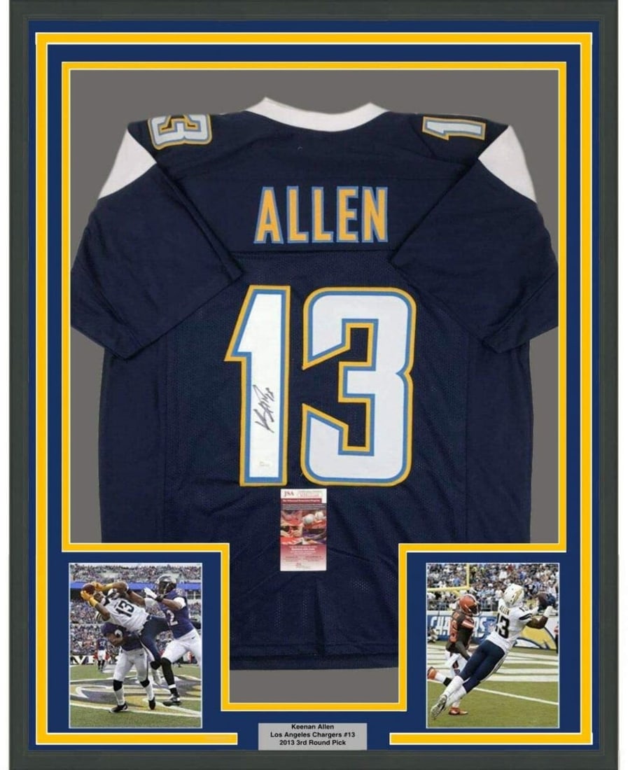 Keenan Allen Signed Framed Los Angeles Chargers Jersey with JSA COA 33x42: Keenan Allen Signed Framed Los Angeles Chargers Jersey with JSA COA 33x42 This professionally framed and matted Los Angeles Chargers dark blue jersey features the authentic signature of NFL player Kee