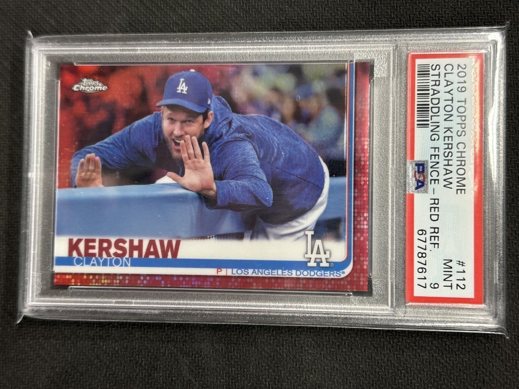 Clayton Kershaw 2019 Topps Chrome Red SSP IV PSA 9 #112 Baseball Card: Clayton Kershaw 2019 Topps Chrome Red SSP IV PSA 9 #112 Baseball Card This is a rare Clayton Kershaw 2019 Topps Chrome Straddling Fence Red SSP IV baseball card, graded PSA 9. This collectible card fe