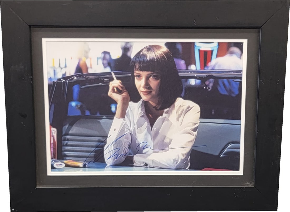 Framed Uma Thurman Pulp Fiction signed photograph PSA DNA 20x25: Framed Uma Thurman Pulp Fiction signed photograph PSA DNA 20x25 This framed photograph features Uma Thurman and is hand-signed by the actress. The piece is from "Pulp Fiction" and comes authenticated 