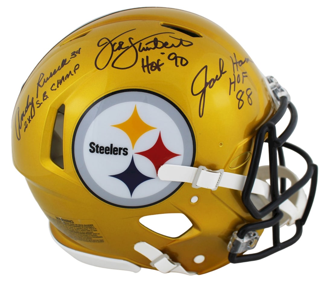 Pittsburgh Steelers Signed Flash Helmet by Lambert Ham Russell BAS: Pittsburgh Steelers Signed Flash Helmet by Lambert Ham Russell BAS This Pittsburgh Steelers Alternate Flash Riddell Authentic Full Size Speed Proline Helmet is a remarkable collectible, personally sig