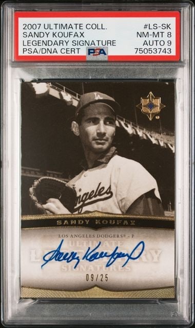 Sandy Koufax 2007 Ultimate Collection Legendary #LS-SK PSA 9 Auto 09/25: Sandy Koufax 2007 Ultimate Collection Legendary #LS-SK PSA 9 Auto 09/25 This is a 2007 Topps Ultimate Collection Legendary Signature card featuring baseball legend Sandy Koufax. Graded by Professional