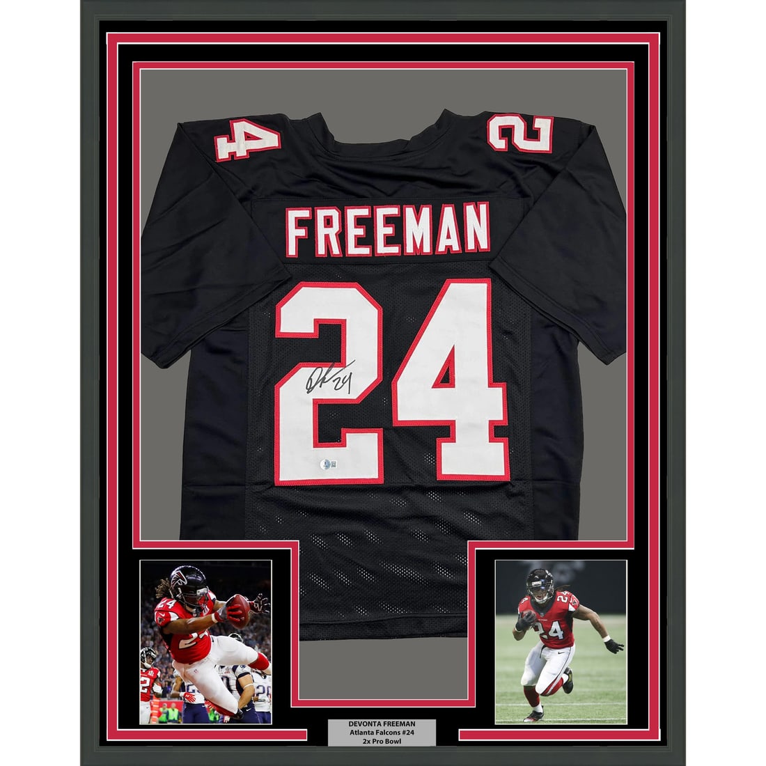 Devonta Freeman Signed Atlanta Jersey in 35x39 Frame Beckett Authenticated: Devonta Freeman Signed Atlanta Jersey in 35x39 Frame Beckett Authenticated This framed display features an Atlanta Falcons black jersey autographed by Devonta Freeman. The jersey is authenticated by B