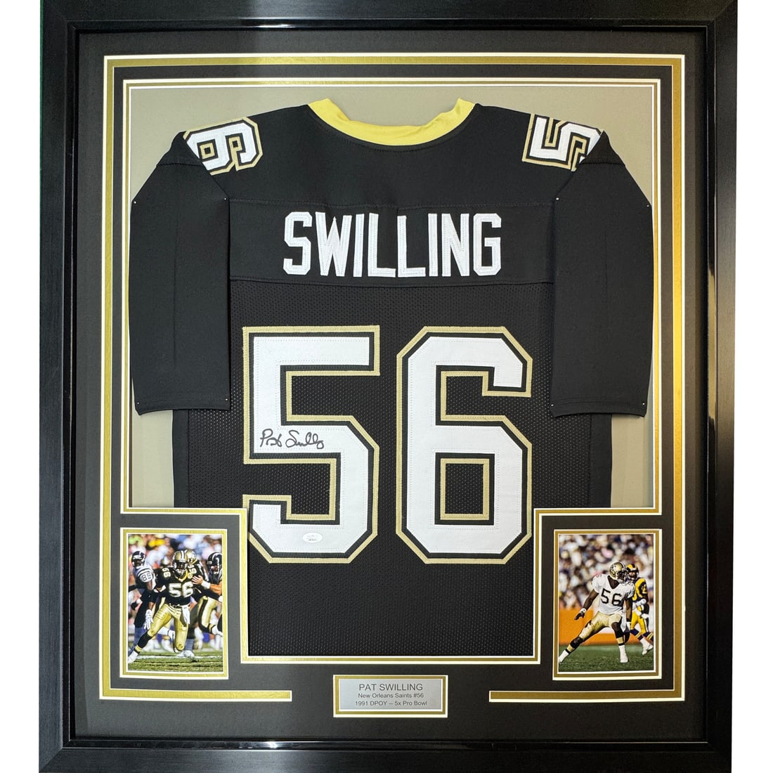 Framed Pat Swilling Autographed Jersey New Orleans Saints JSA COA: Framed Pat Swilling Autographed Jersey New Orleans Saints JSA COA Celebrate your fandom with this professionally framed and autographed Pat Swilling jersey from the New Orleans Saints. Measuring 35x39