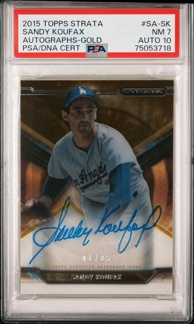 Sandy Koufax 2015 Topps Strata Gold Autographed Card PSA 10 01/25: Sandy Koufax 2015 Topps Strata Gold Autographed Card PSA 10 01/25 This is a 2015 Topps Strata Gold Autographed baseball card featuring the legendary pitcher Sandy Koufax, a notable player for the Los 