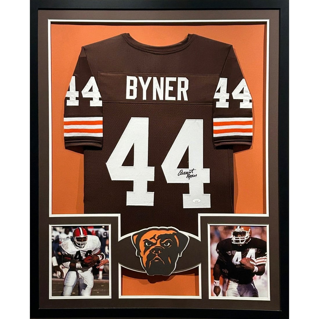 Framed Cleveland Browns Jersey Signed by Ernest Byner JSA Authenticated: Framed Cleveland Browns Jersey Signed by Ernest Byner JSA Authenticated This is an original Cleveland Browns jersey autographed by Ernest Byner. The jersey is professionally framed and features detail