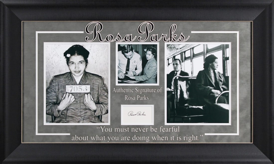 Rosa Parks Signed Framed Display with Beckett COA: Rosa Parks Signed Framed Display with Beckett COA This authentic signed framed display features the remarkable signature of civil rights activist Rosa Parks. The item is accompanied by a Certificate o