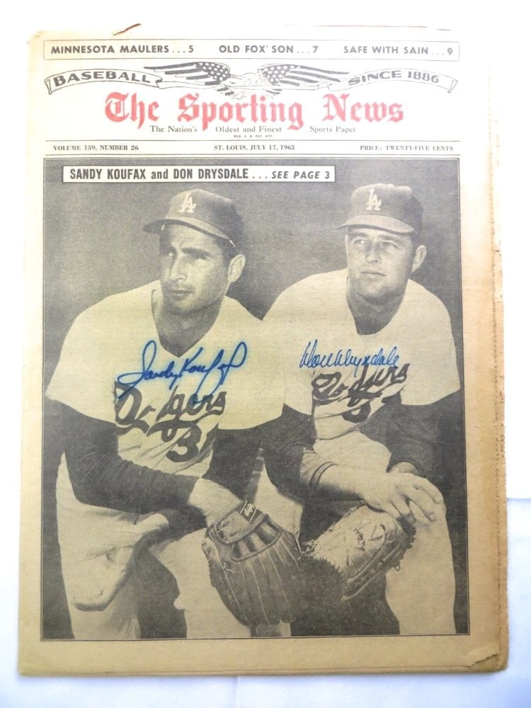 Sandy Koufax Don Drysdale Dual Signed 1965 Newspaper JSA Authenticated: Sandy Koufax Don Drysdale Dual Signed 1965 Newspaper JSA Authenticated This original autographed newspaper features the signatures of baseball legends Sandy Koufax and Don Drysdale, both prominent pla