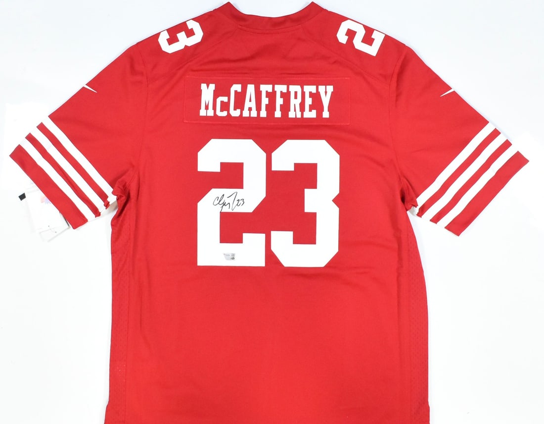 Christian McCaffrey signed 49ers Nike game jersey Fanatics: Christian McCaffrey signed 49ers Nike game jersey Fanatics This is a pre-owned San Francisco 49ers Nike Game Jersey autographed by Christian McCaffrey. The jersey represents an original piece and is a