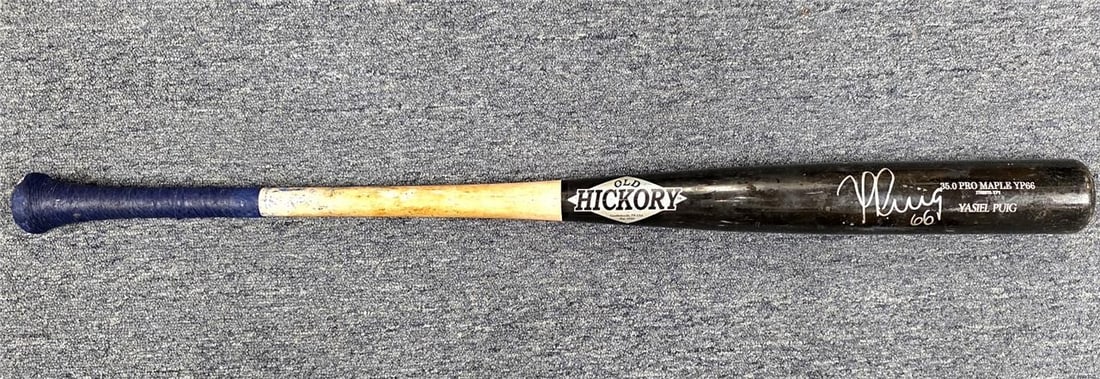 Game Used Bat Signed by Yasiel Puig with JSA for Dodgers: Game Used Bat Signed by Yasiel Puig with JSA for Dodgers This Los Angeles Dodgers bat was personally used and signed by Yasiel Puig during a game. The bat is officially licensed and comes from the Uni