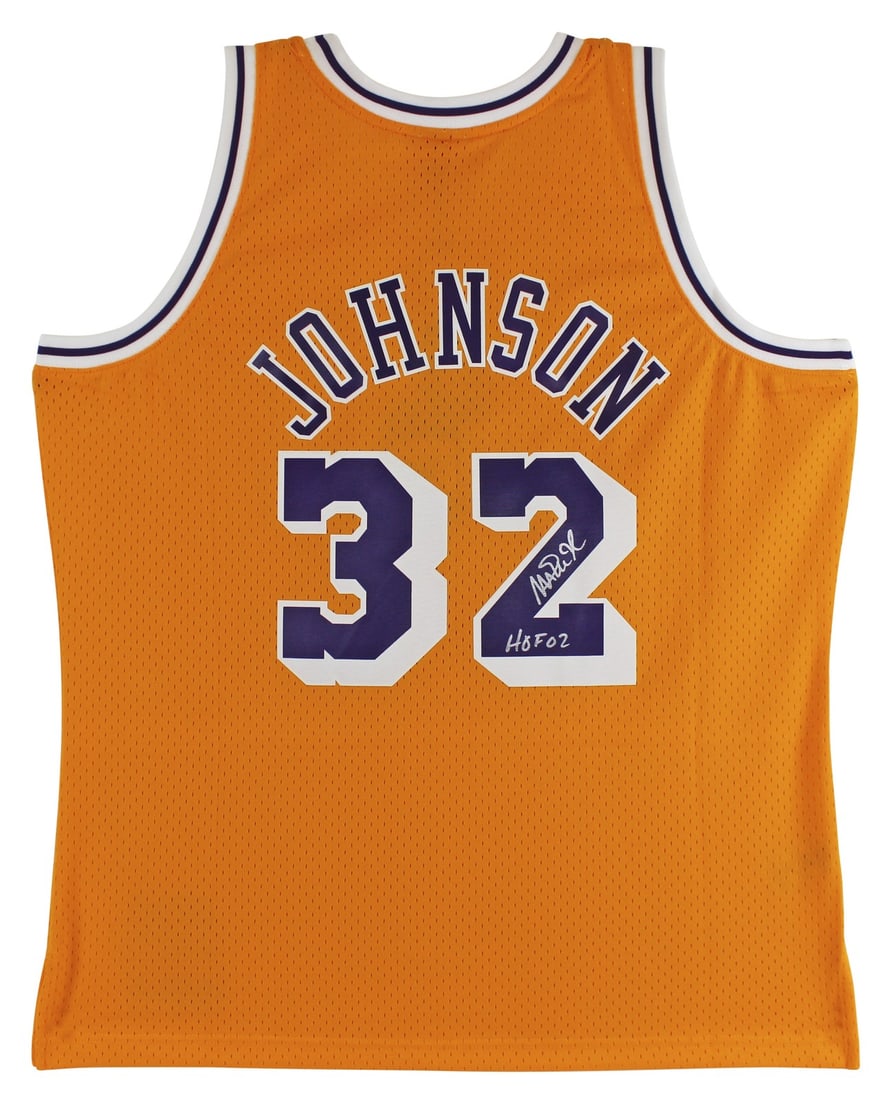 Magic Johnson Signed Lakers Yellow Swingman Jersey With HOF 02 Inscription BAS Witness: Magic Johnson Signed Lakers Yellow Swingman Jersey With HOF 02 Inscription BAS Witness This yellow Mitchell & Ness Hardwood Classics Swingman jersey has been personally signed by Magic Johnson of the 