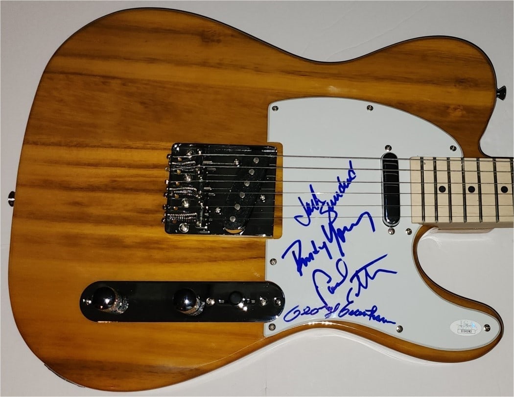 Poco Band Autographed Electric Guitar JSA Certified Signed by 4 Members: Poco Band Autographed Electric Guitar JSA Certified Signed by 4 Members This original Poco Band autographed electric guitar features signatures from band members Jack Sundrud, Rusty Young, Paul Cotton