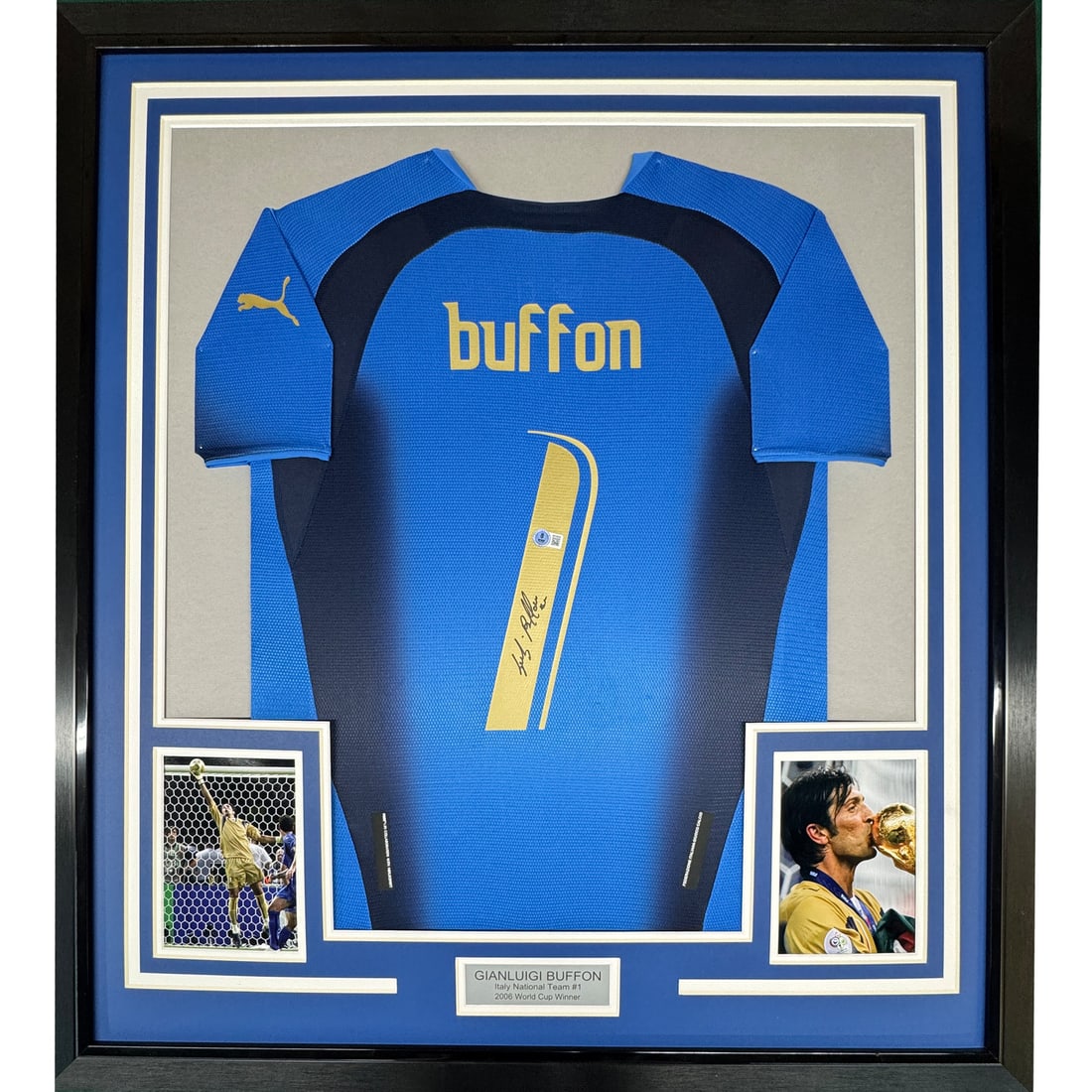 Gianluigi Buffon Signed Italy Blue Jersey in 35x39 Frame Beckett Authenticated: Gianluigi Buffon Signed Italy Blue Jersey in 35x39 Frame Beckett Authenticated This professionally framed and matted display features a blue Italy jersey autographed by Gianluigi Buffon. The jersey is