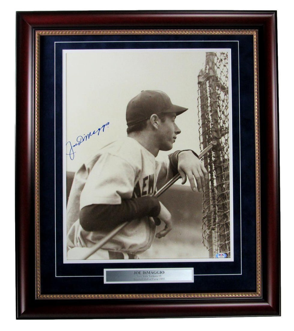 Joe DiMaggio Signed 16x20 Yankees Photo Framed PSA/DNA 10: Joe DiMaggio Signed 16x20 Yankees Photo Framed PSA/DNA 10 This remarkable piece features a Joe DiMaggio autographed 16X20 photo, beautifully framed to enhance its impressive appearance. The photograph