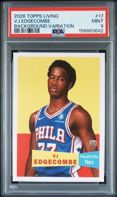 PSA 9 VJ Edgecombe Topps Living Set Background Variation Card #17: PSA 9 VJ Edgecombe Topps Living Set Background Variation Card #17 This is a 2026 Topps Living Set basketball trading card featuring VJ Edgecombe of the Philadelphia 76ers. The card is a background var