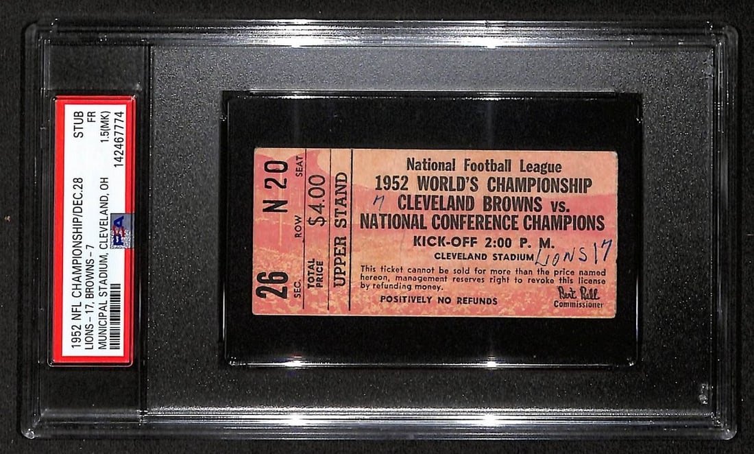 1952 Detroit Lions Cleveland Browns NFL Championship Ticket Stub PSA DNA FR 1.5: 1952 Detroit Lions Cleveland Browns NFL Championship Ticket Stub PSA DNA FR 1.5 This is an original ticket stub from the December 28, 1952 NFL Championship Game between the Detroit Lions and the Cleve