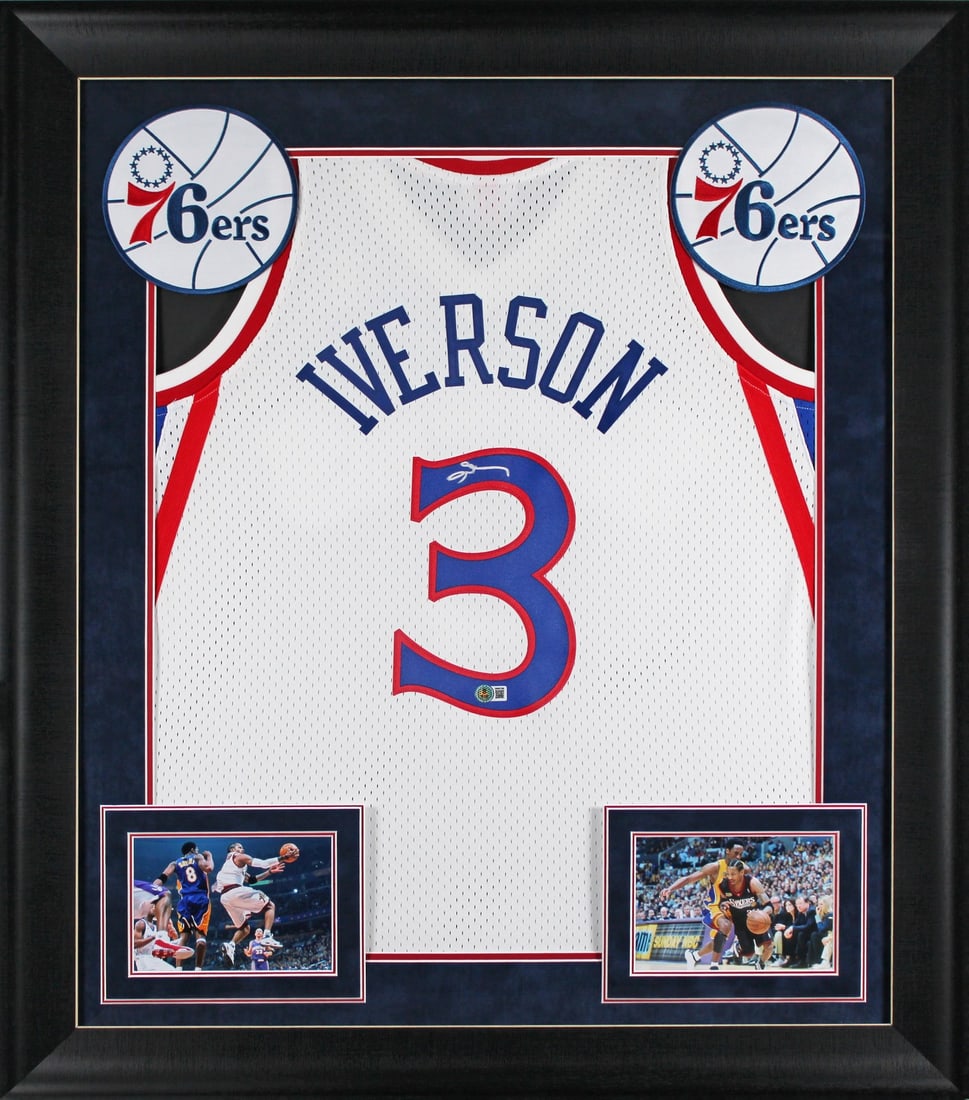 Allen Iverson Autographed 1996-97 Framed 76ers Jersey Beckett Witnessed: Allen Iverson Autographed 1996-97 Framed 76ers Jersey Beckett Witnessed This professionally framed white 1996-97 Mitchell & Ness Hardwood Classics Swingman jersey features the authentic signature of A