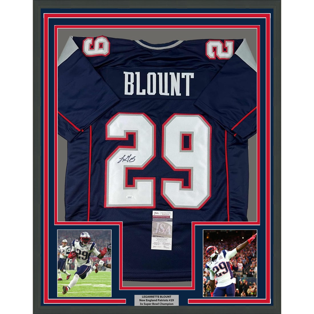 Framed LeGarrette Blount Autographed Jersey with JSA COA 35x39: Framed LeGarrette Blount Autographed Jersey with JSA COA 35x39 Celebrate your love for the NFL with this professionally framed and autographed LeGarrette Blount blue football jersey. This original ite