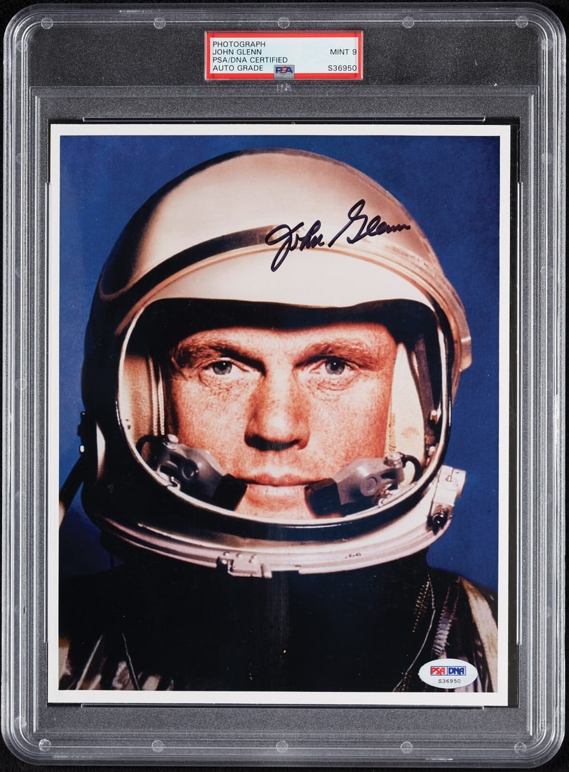 John Glenn Signed 8x10 NASA Photo PSA/DNA Graded 9 MINT: John Glenn Signed 8x10 NASA Photo PSA/DNA Graded 9 MINT This stunning 8x10 NASA photo signed by John Glenn is a remarkable piece for any collector. The autograph has been authenticated by PSA/DNA, ens