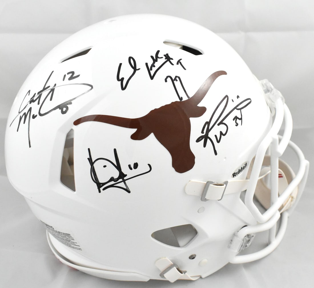 Signed Texas Longhorns Full Size Speed Helmet Beckett Holo: Signed Texas Longhorns Full Size Speed Helmet Beckett Holo This is an original Texas Longhorns full-size Speed Authentic helmet featuring signatures from multiple legendary players. The helmet is asso