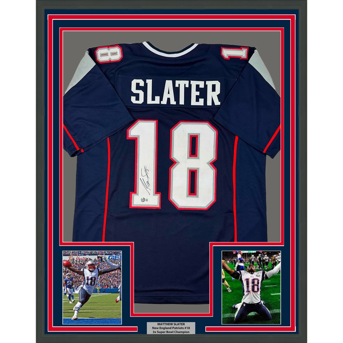 Matthew Slater framed Patriots blue jersey BAS COA 33x42: Matthew Slater framed Patriots blue jersey BAS COA 33x42 This professionally framed and matted New England Patriots blue jersey is autographed by Matthew Slater. The display includes two 5x7 photos an