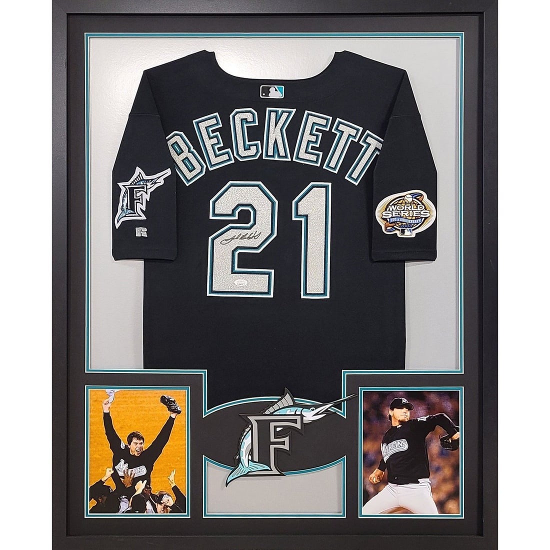 Josh Beckett Autographed Framed Jersey Florida Marlins JSA Certified 42x34: Josh Beckett Autographed Framed Jersey Florida Marlins JSA Certified 42x34 This is an autographed framed jersey of Josh Beckett, showcasing his affiliation with the Florida Marlins. The jersey is auth