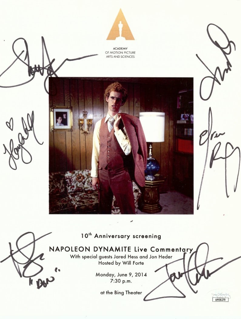 JSA authenticated Napoleon Dynamite cast signed 8.5x11 photograph: JSA authenticated Napoleon Dynamite cast signed 8.5x11 photograph This 8.5 x 11 inch photograph features authentic signatures from the cast of Napoleon Dynamite, including Jon Heder, Efren Ramirez, Sh