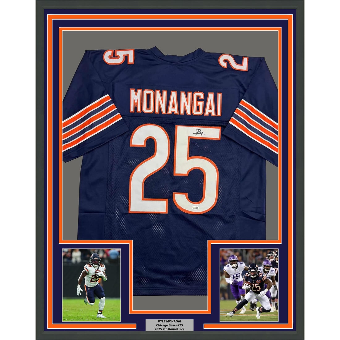 Kyle Monangai Signed Chicago Blue Jersey Display 35x39 Framed With JSA COA: Kyle Monangai Signed Chicago Blue Jersey Display 35x39 Framed With JSA COA This professionally framed and matted Chicago Bears blue jersey is autographed by NFL player Kyle Monangai. The display inclu