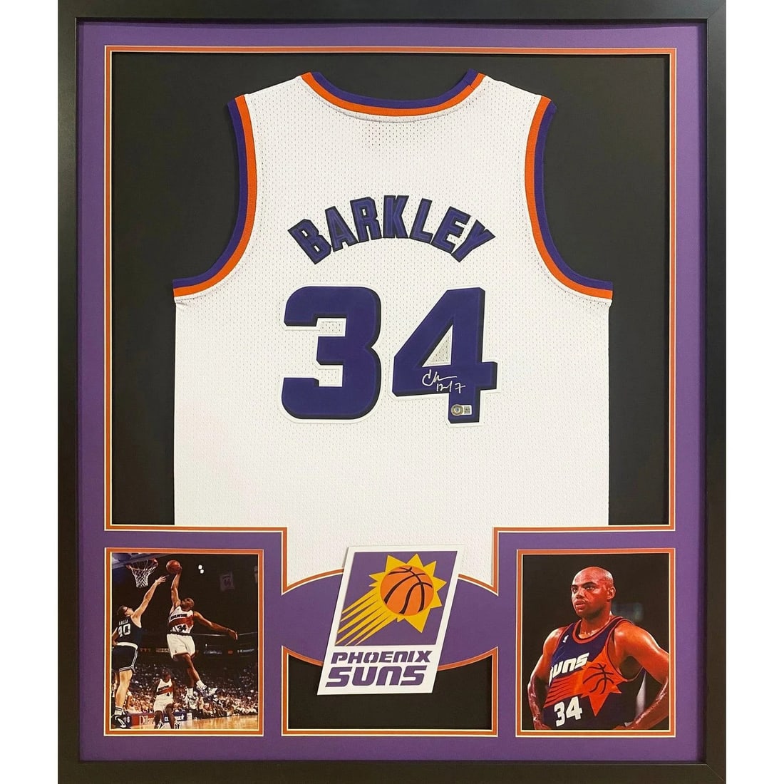 Framed Charles Barkley Phoenix Suns Autographed Jersey Beckett Authenticated: Framed Charles Barkley Phoenix Suns Autographed Jersey Beckett Authenticated This is a framed white Phoenix Suns jersey autographed by Charles Barkley. The jersey has been authenticated by Beckett and