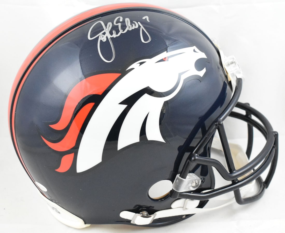 Full Size Authentic Denver Broncos Helmet Signed by John Elway JSA: Full Size Authentic Denver Broncos Helmet Signed by John Elway JSA This is a pre-owned, full-size authentic Denver Broncos football helmet autographed by John Elway. The helmet is an original item and