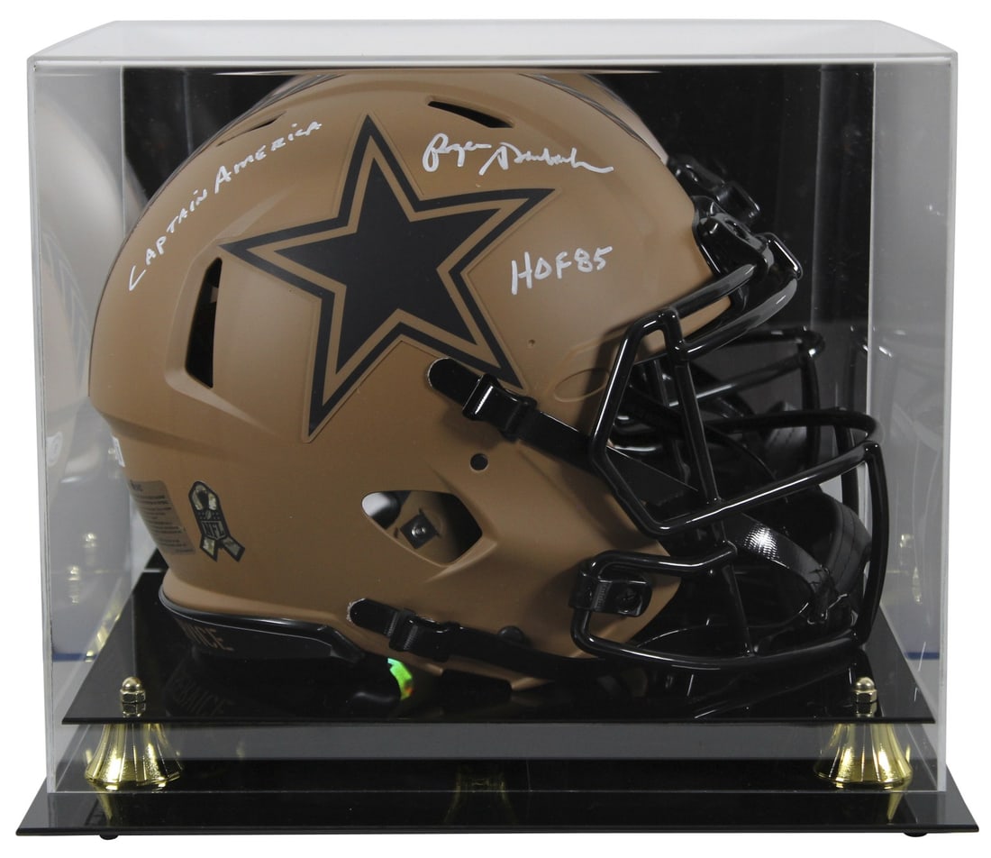 Roger Staubach Signed Salute To Service Helmet With Inscriptions And Beckett Case: Roger Staubach Signed Salute To Service Helmet With Inscriptions And Beckett Case This Dallas Cowboys full-size Speed Proline helmet is an official 2023 Salute To Service II alternate edition, persona