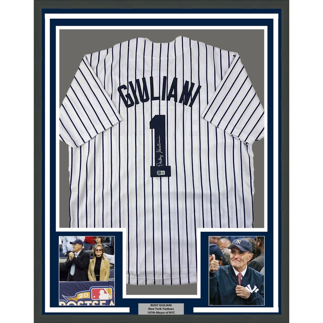 Framed Rudy Giuliani Signed New York Yankees Jersey with BAS COA: Framed Rudy Giuliani Signed New York Yankees Jersey with BAS COA This professionally framed and matted item features a signed Rudy Giuliani New York Yankees pinstripe jersey. Measuring 35 inches by 39
