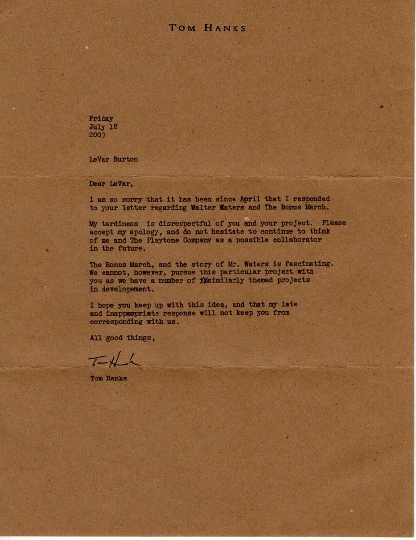 Tom Hanks Hand-Signed Letter to LeVar Burton with JSA Authentication: Tom Hanks Hand-Signed Letter to LeVar Burton with JSA Authentication This is an original letter signed by Tom Hanks, authenticated by James Spence Authentication (JSA). The letter is addressed to LeVa