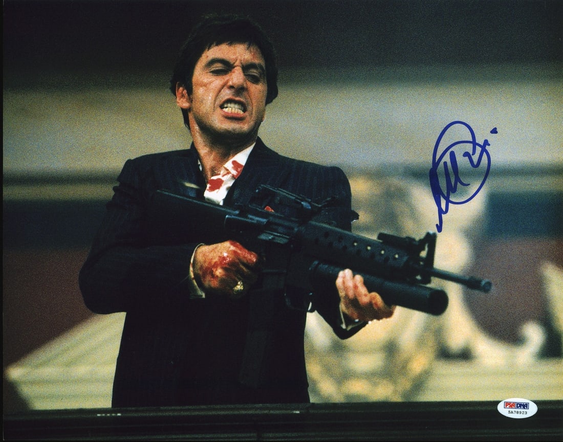 Al Pacino Scarface signed 11x14 photograph PSA graded 10: Al Pacino Scarface signed 11x14 photograph PSA graded 10 This is an original 11x14 photograph personally signed by Al Pacino from the film Scarface. The autograph has been graded Gem Mint 10 and is au