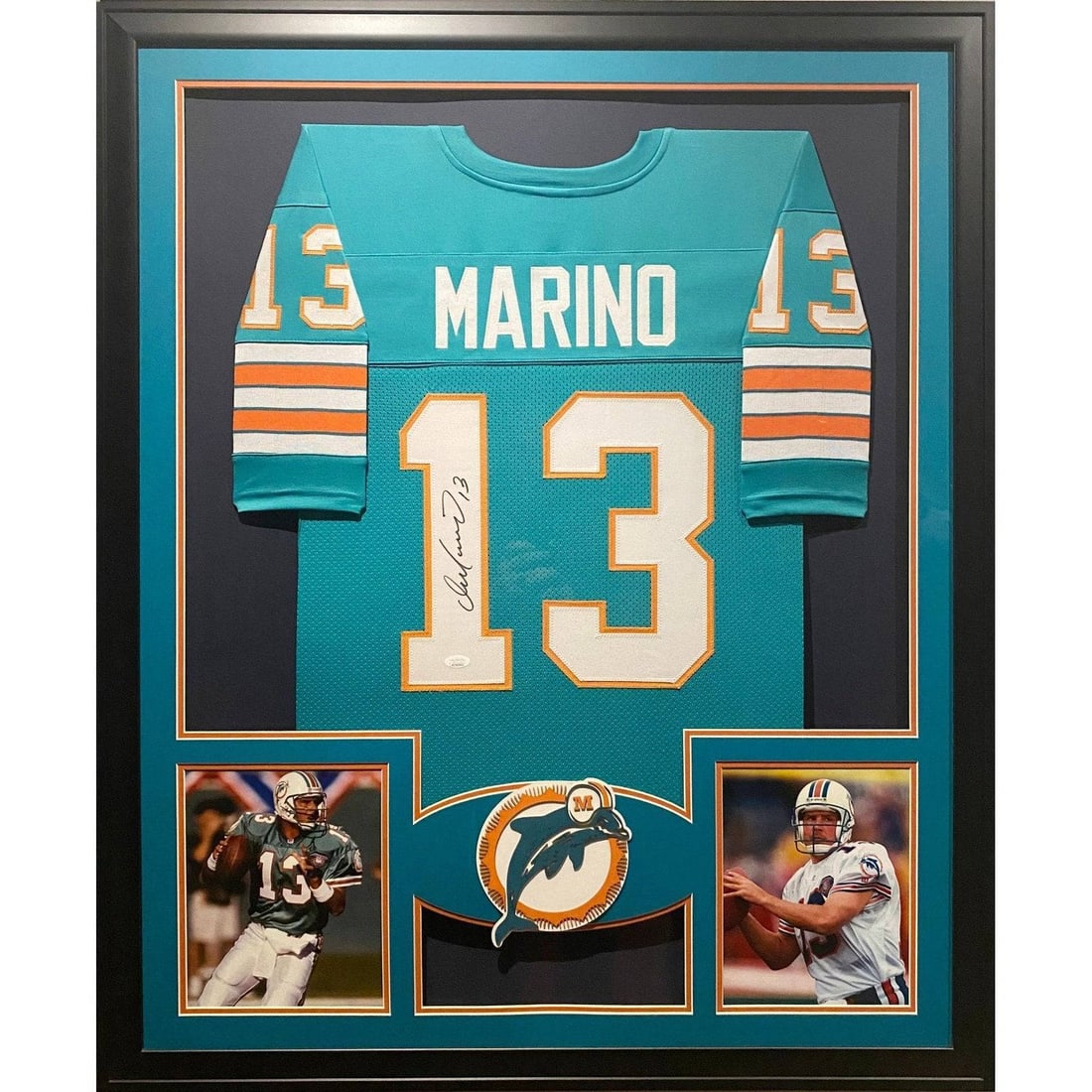 Framed Miami Dolphins Dan Marino JSA Authenticated Signed Jersey Display: Framed Miami Dolphins Dan Marino JSA Authenticated Signed Jersey Display This is a framed Miami Dolphins jersey autographed by Dan Marino. The jersey includes authentication by JSA, featuring a tamper
