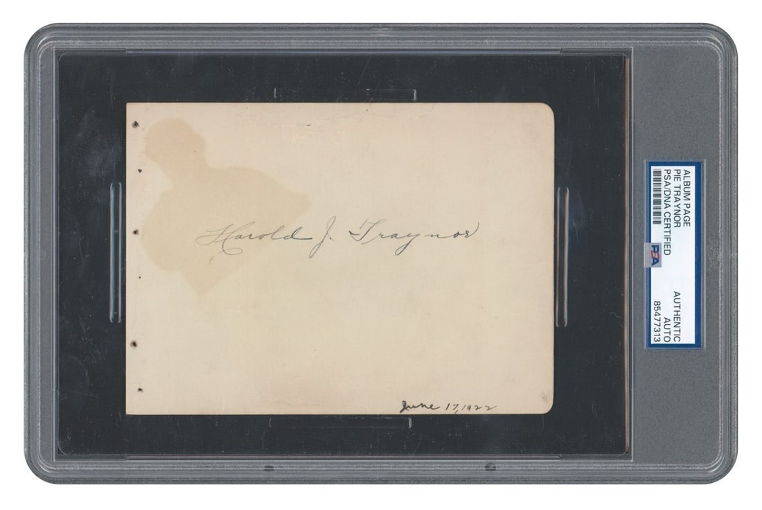 1922 Pie Traynor Signed Album Page Harold J PSA DNA COA: 1922 Pie Traynor Signed Album Page Harold J PSA DNA COA This is a signed album page from baseball legend Pie Traynor, who penned his full name "Harold J. Traynor" in black fountain pen. Dated June 17,