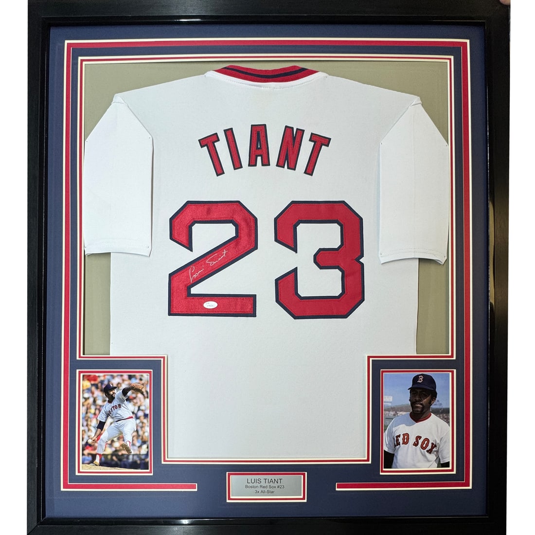 Framed Autographed Luis Tiant Boston Red Sox Jersey with JSA COA 33x42: Framed Autographed Luis Tiant Boston Red Sox Jersey with JSA COA 33x42 Showcase your love for baseball with this professionally framed and autographed Luis Tiant jersey. This original white Boston Red