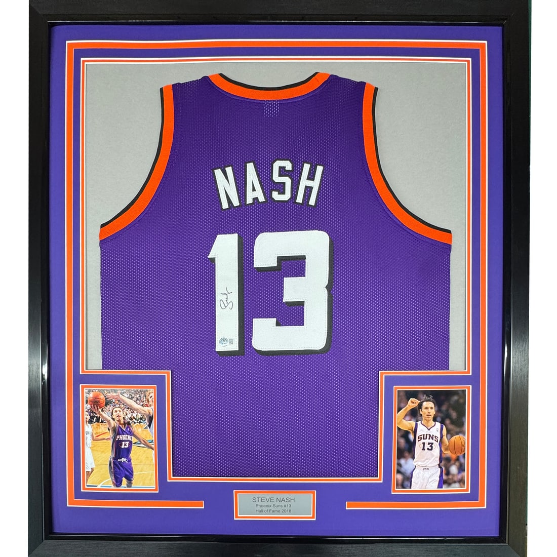 Framed Steve Nash Autographed Purple Jersey 35x39 Phoenix Suns Beckett COA: Framed Steve Nash Autographed Purple Jersey 35x39 Phoenix Suns Beckett COA Celebrate the legacy of Steve Nash with this framed, autographed Phoenix Suns jersey. This original piece features an authent
