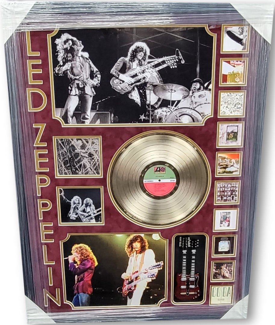 Framed Led Zeppelin CD cover signed by Plant and Page JSA: Framed Led Zeppelin CD cover signed by Plant and Page JSA This framed CD cover collage features authentic signatures from Robert Plant and Jimmy Page of Led Zeppelin. The autographs have been authenti
