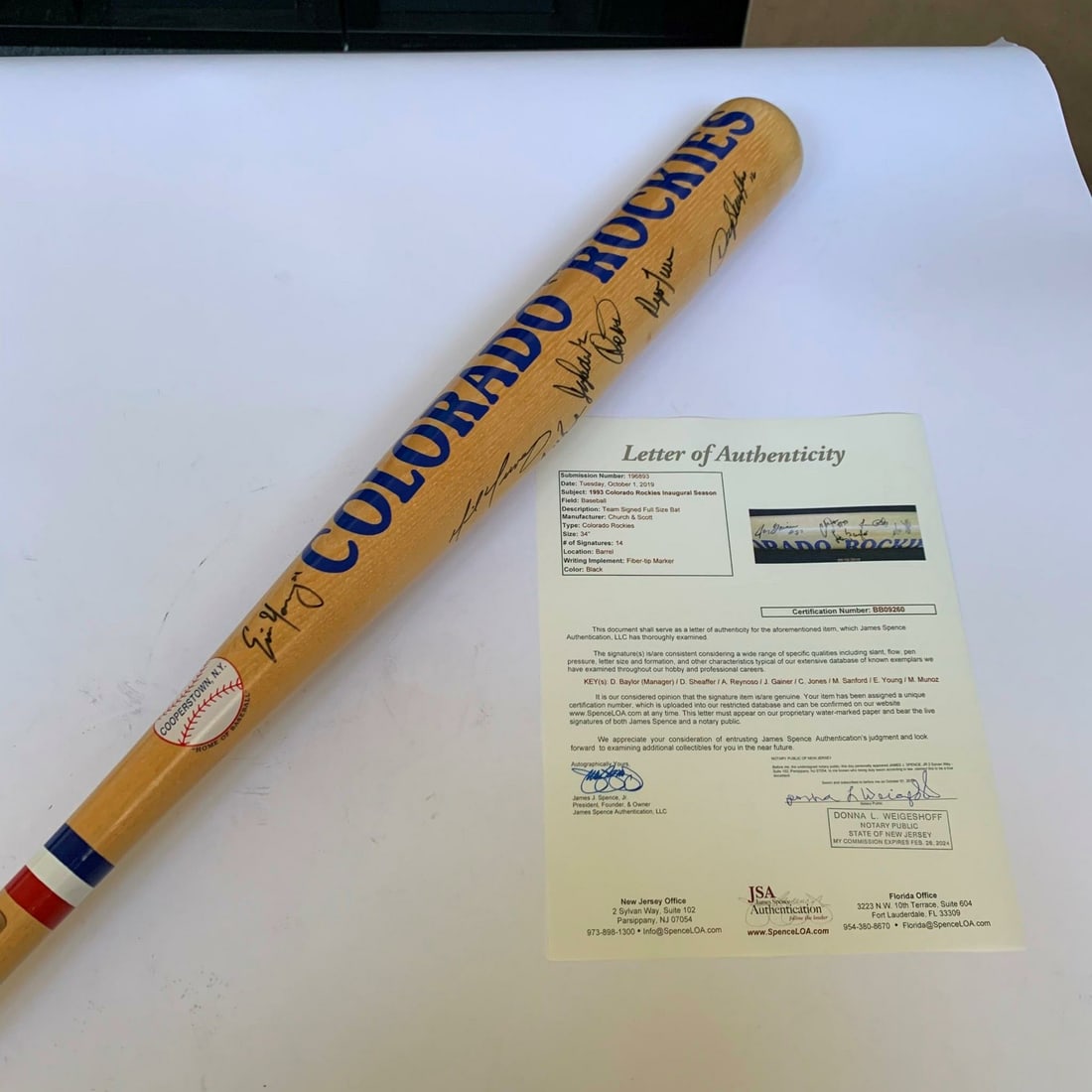 Colorado Rockies 1993 Inaugural Team Signed Bat JSA COA: Colorado Rockies 1993 Inaugural Team Signed Bat JSA COA This is an original baseball bat signed by members of the 1993 Colorado Rockies during their inaugural season. The bat comes with autograph auth