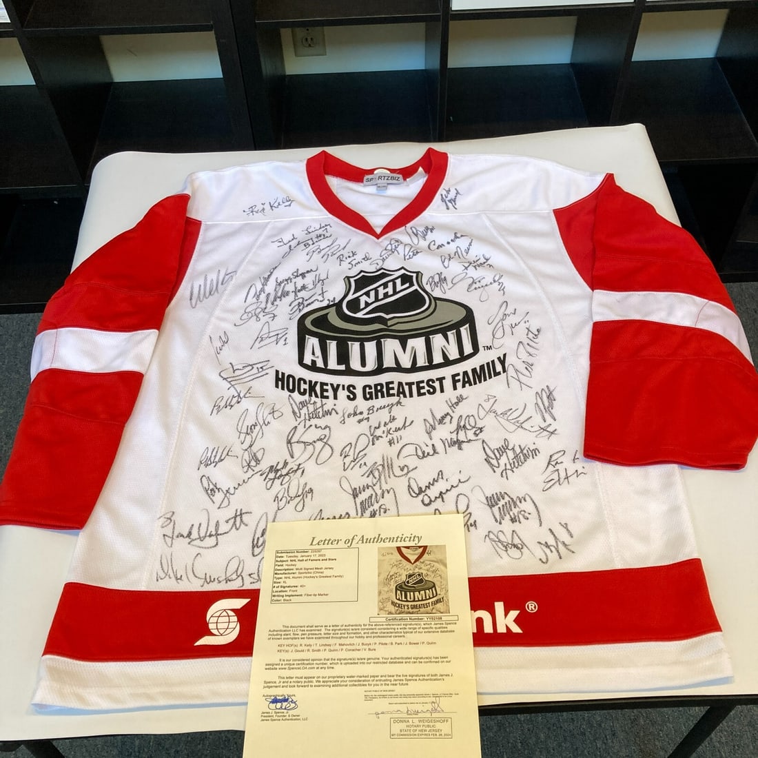 NHL Alumni Hall of Fame Jersey 56 Signatures JSA Authenticated: NHL Alumni Hall of Fame Jersey 56 Signatures JSA Authenticated Celebrate the legacy of hockey with this NHL Alumni Hall of Fame Multi Signed Hockey Jersey, featuring an impressive 56 signatures from h