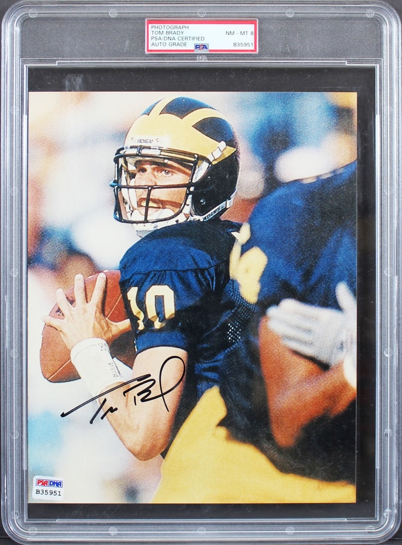 Tom Brady Signed 8x10 Photo Michigan Wolverines PSA Authenticated: Tom Brady Signed 8x10 Photo Michigan Wolverines PSA Authenticated This authentic 8x10 photo features the legendary Tom Brady, personally signed while he played for the Michigan Wolverines. Graded NM-M