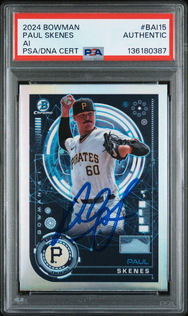 Paul Skenes Autographed 2024 Bowman Rookie Card PSA Authenticated and Graded: Paul Skenes Autographed 2024 Bowman Rookie Card PSA Authenticated and Graded This is an original 2024 Topps Bowman Paul Skenes #BAI15 AI Rookie RC card, featuring an authentic autograph by Paul Skenes