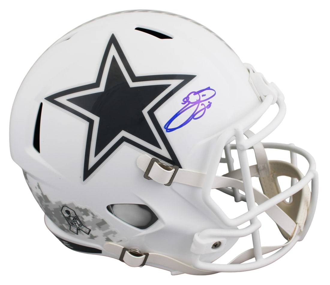 Emmitt Smith Autographed Dallas Cowboys Salute To Service Speed Replica Helmet BAS: Emmitt Smith Autographed Dallas Cowboys Salute To Service Speed Replica Helmet BAS This Dallas Cowboys full size Speed Replica helmet features the 2024 Salute To Service III alternate design and has b