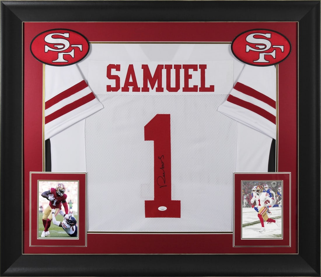 Deebo Samuel Signed White Pro Style Framed Jersey JSA Certified: Deebo Samuel Signed White Pro Style Framed Jersey JSA Certified Celebrate your fandom with this authentic autographed white pro style framed jersey signed by Deebo Samuel of the San Francisco 49ers. T