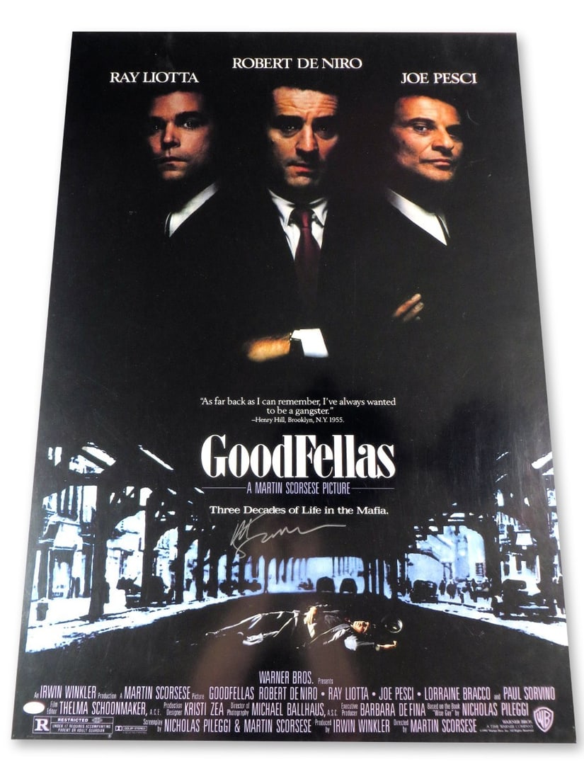 Martin Scorsese Autographed 27x40 Goodfellas Poster JSA Certified: Martin Scorsese Autographed 27x40 Goodfellas Poster JSA Certified This is an authentic, signed 27x40 poster of the iconic film 'Goodfellas,' directed by Martin Scorsese. The poster features Scorsese's