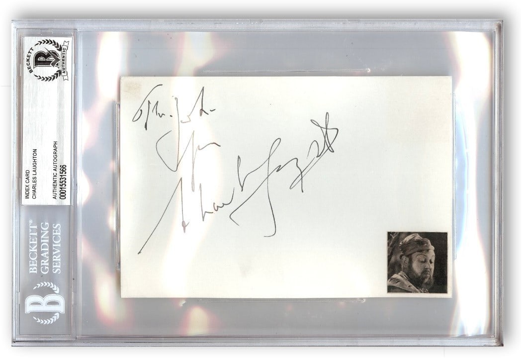 Autographed Index Card by Charles Laughton Beckett Authenticated: Autographed Index Card by Charles Laughton Beckett Authenticated This is an original index card autographed by renowned movie and stage actor Charles Laughton. The signature is authenticated by Becket