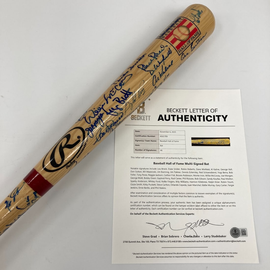 Multi Signed Hall Of Fame Baseball Bat 46 Sigs Sandy Koufax Beckett COA: Multi Signed Hall Of Fame Baseball Bat 46 Sigs Sandy Koufax Beckett COA This exceptional 34" Rawlings Cooperstown baseball bat features a remarkable collection of 46 Hall of Fame signatures, including