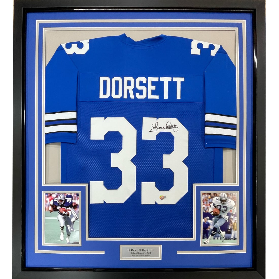Tony Dorsett signed Dallas Cowboys retro blue jersey framed JSA COA: Tony Dorsett signed Dallas Cowboys retro blue jersey framed JSA COA This professionally framed Dallas Cowboys retro blue jersey features the authentic signature of Tony Dorsett. The display includes t