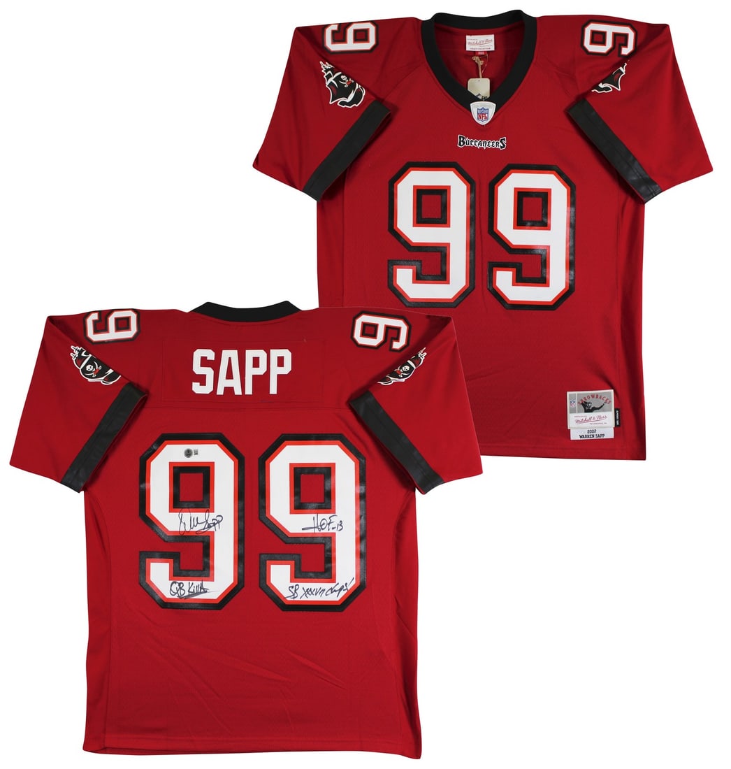 Warren Sapp Signed Red Jersey with Three Inscriptions Beckett Witness Tampa Bay: Warren Sapp Signed Red Jersey with Three Inscriptions Beckett Witness Tampa Bay This red Mitchell & Ness Tampa Bay Buccaneers jersey features the authentic personal signature of Warren Sapp, including