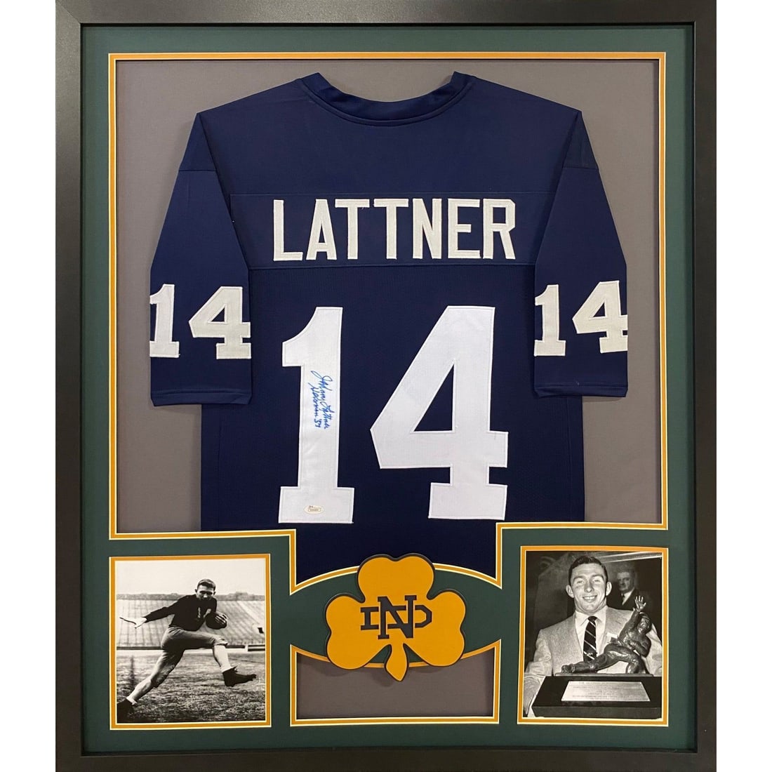 Johnny Lattner Signed Framed Jersey JSA Authenticated Notre Dame Heisman Trophy: Johnny Lattner Signed Framed Jersey JSA Authenticated Notre Dame Heisman Trophy Celebrate Notre Dame's legacy with this autographed Johnny Lattner framed jersey, a true collector's item. Authenticated